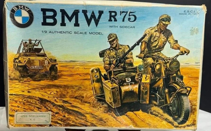 ESCI MOTORCYCLE BMW R / 75 W SIDECAR SCALE 1/9TH MODEL KIT BOX `86′ APEX SPIELWA
