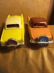 2 Simms 57 T Bird Plastic Vintage Cars Yellow Brown Wheels Roll Aurora Illinois