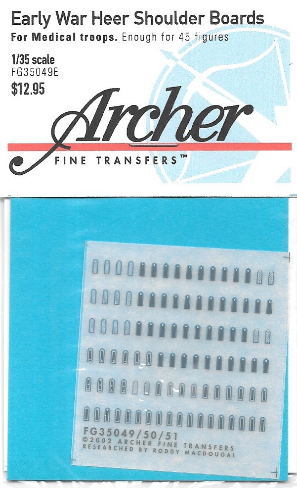 Archer Early War Medical Troops Shoulder Boards Transfers Decals FG35049E