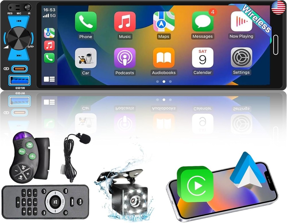 6.5″ Single Din Touchscreen Radio with Wireless Apple CarPlay & Android