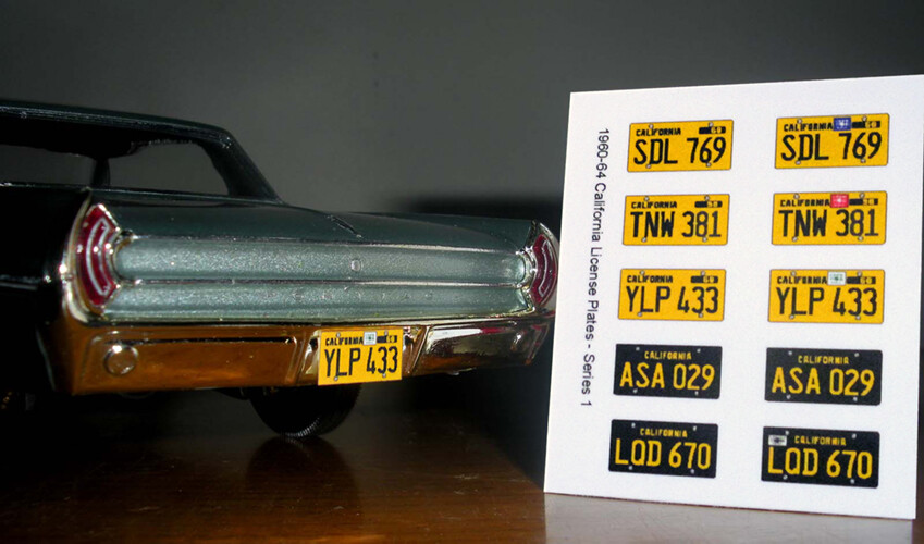1960 – 1964 CALIFORNIA miniature LICENSE PLATES for 1/25 scale MODEL CARS—READ