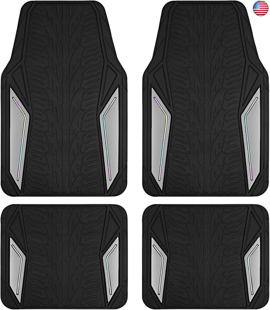 PIC AUTO Rubber Floor Mats, Silver Aluminum Film with Colorful Piping Floor