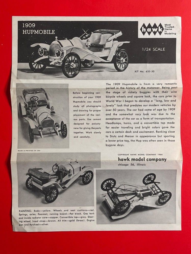 Hawk – 1909 Hupmobile Car – Original Model Kit Instruction Sheet – 1/24