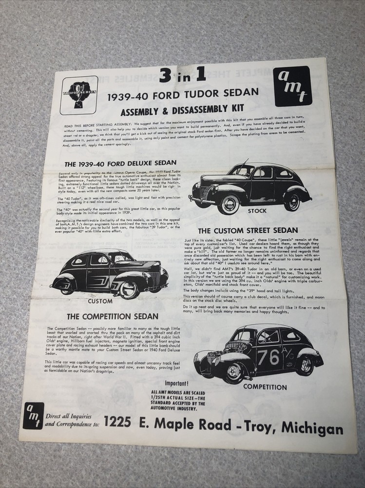 Vintage AMT 1939-40 Ford 1:25 Tudor Sedan 3 in 1 Model Original Instructions