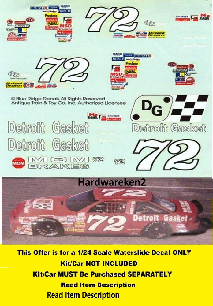 NASCAR DECAL #72 DETROIT GASKET 1992 BGN OLDSMOBILE T. LESLIE 1/24 BLUE RIDGE