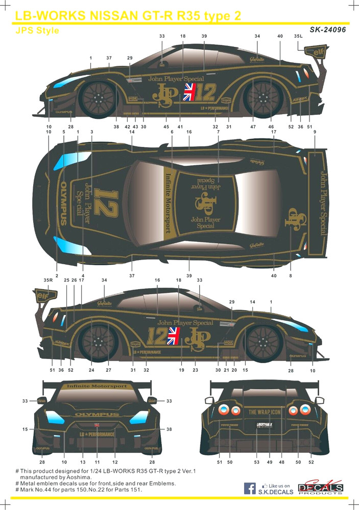 S.K. Decals SK24096 LB-WORKS NISSAN GT-R R35 type 2 ‘JPS’ Style Decal Sheet