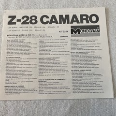 Monogram Chevy Camaro Z-28 #2254. Decal & Instru. Sheet Only