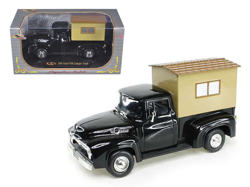 Signature Models 32395BK 1956 Ford F-100 Pickup Truck Black with Camper 1/32