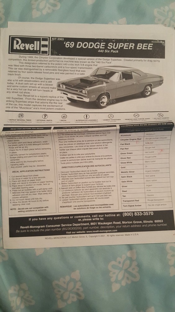 Revell Kit 2363~ ’69 Dodge Super Bee 440 Six Pack *Instructions Only