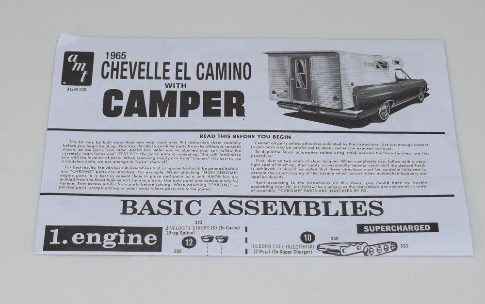 AMT 1965 EL CAMINO CAMPER #1364 ⭐PARTS⭐ INSTRUCTION BOOKLET 1:25