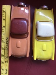 2 Simms 57 T Bird Plastic Vintage Cars Yellow Brown Wheels Roll Aurora Illinois