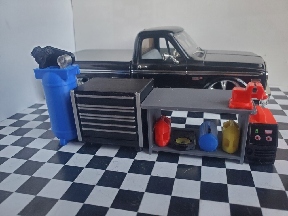Black Tool Box Workbench Oil Pan Gas Compressor 1/24 1/25 Scale Garage Diorama