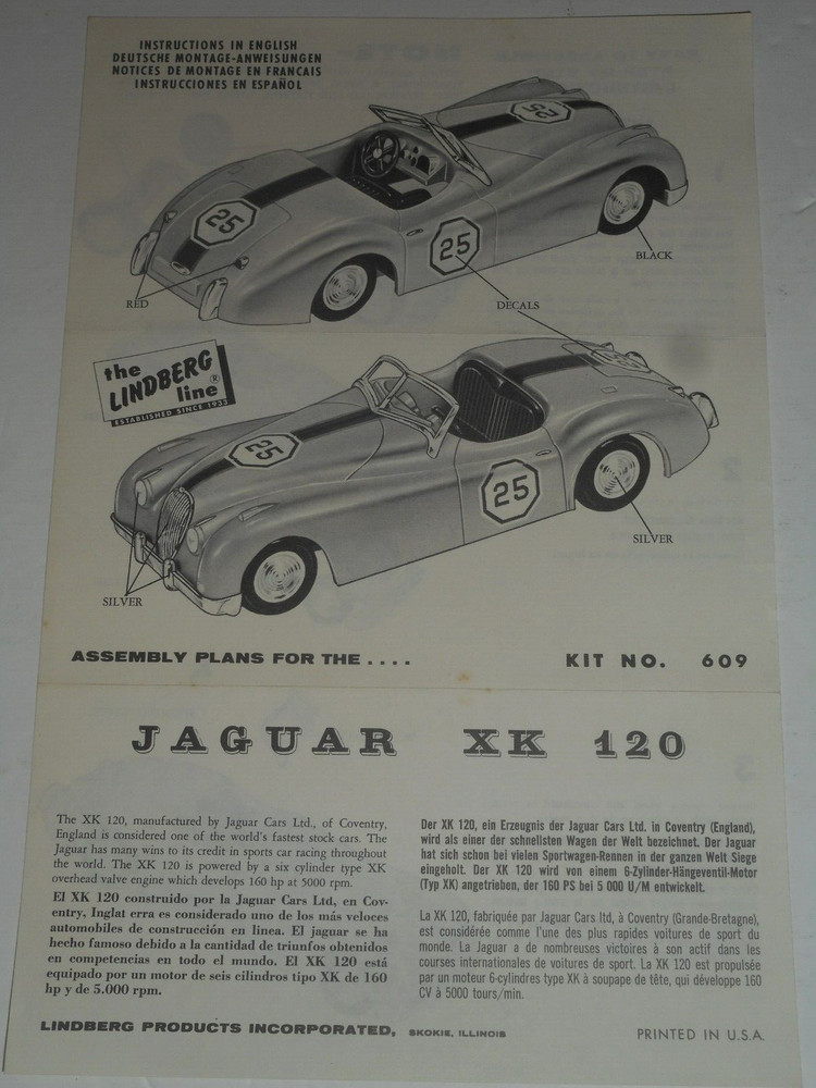LINDBERG JAGUAR XK 120 Model No. 609-39 Instruction Sheet ONLY 1962 Original