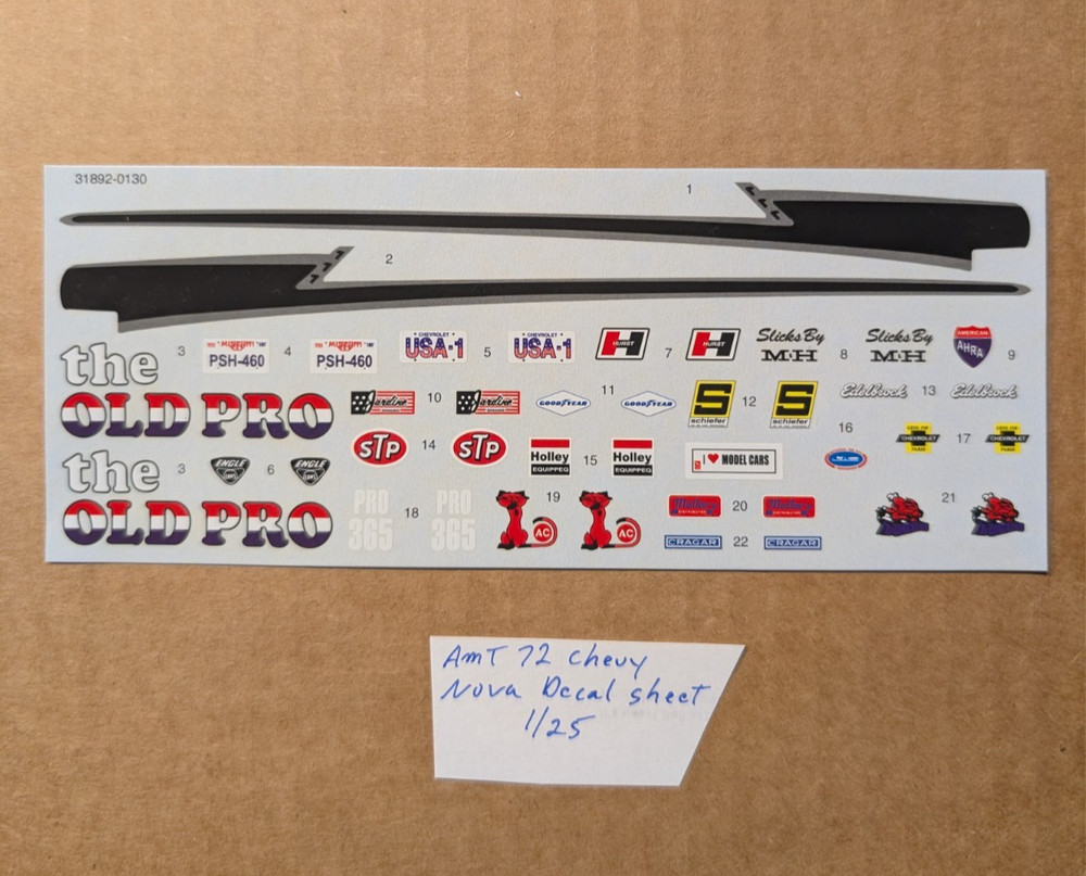 AMT 72 CHEVY NOVA DECAL SHEET NEW! 1/25