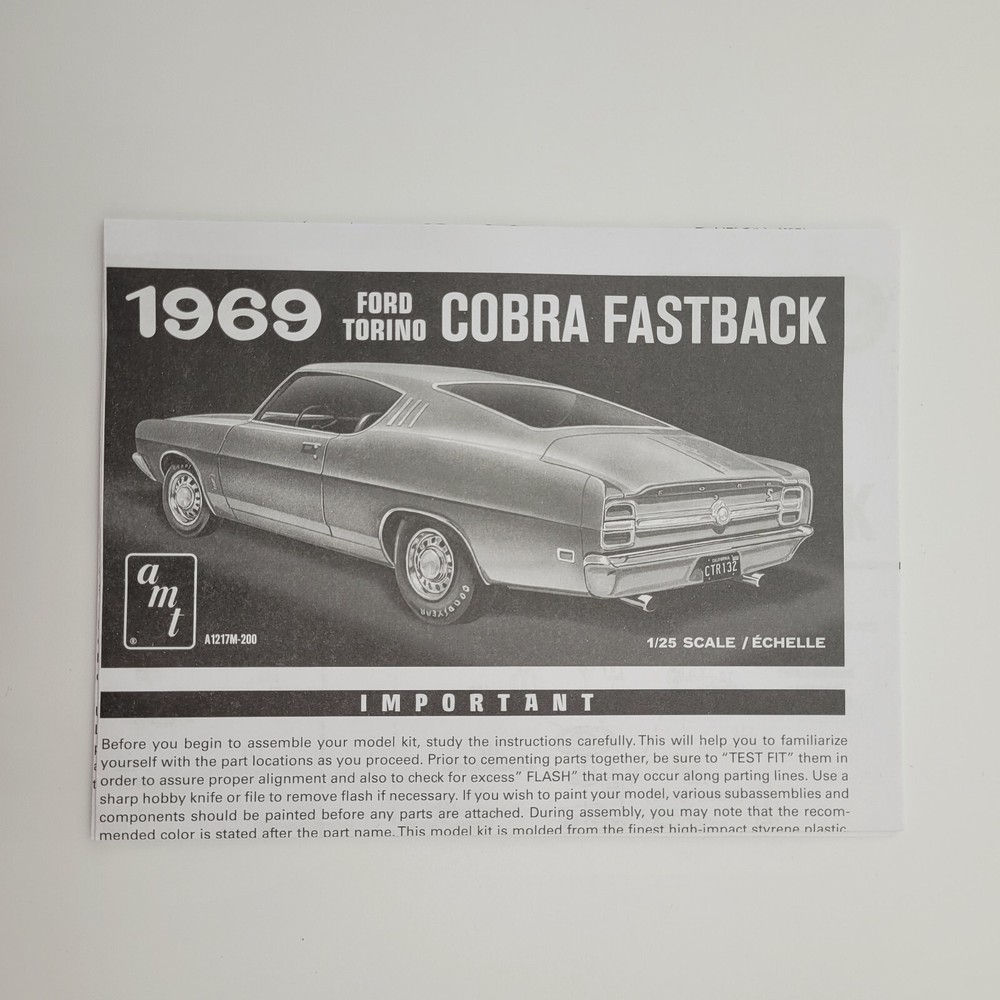 AMT 1/25 1969 Ford Torino Cobra Fastback 1217M Parts Kit Bash Instructions