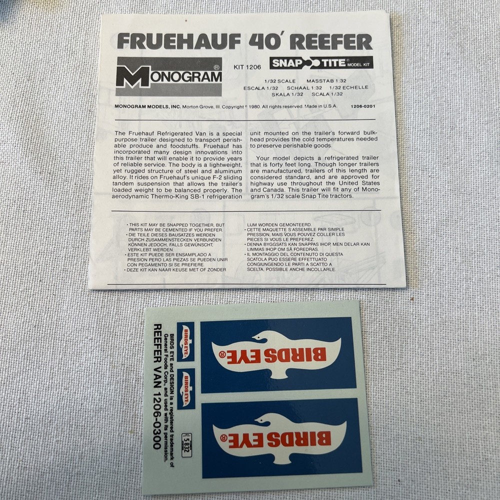 Monogram Fruehauf 40′ Reefer Snap·Tite 1/32 Scale Birds Eye Decal & Instr Only