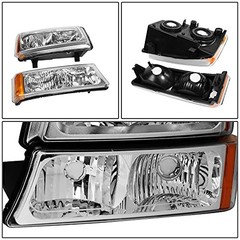 Pair Headlight Assembly Compatible with 2003-2006 Chevy Chrome / Amber