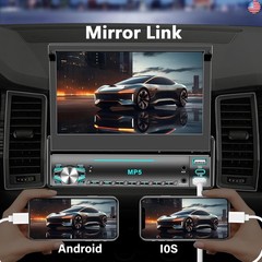 Single DIN Touchscreen Radio, Flip Up Screen Car Stereo with Bluetooth, Flip