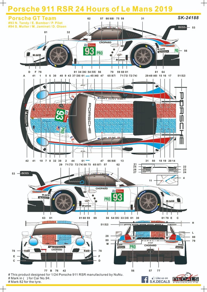 S.K. Decals SK24188 Porsche 911 RSR Le Mans 24 Hr 2019 Porsche GT Team #93 & 94
