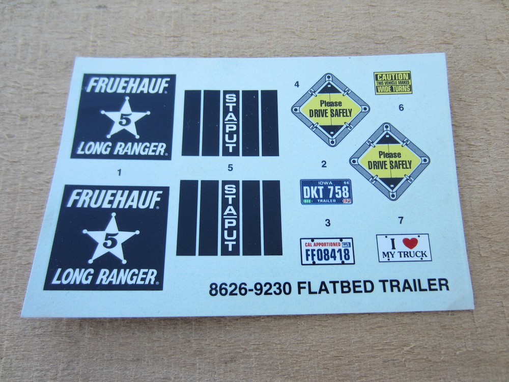 AMT 1/25 Fruehauf Flatbed Trailer 617 Long Ranger Decal Sheet 8626-9230
