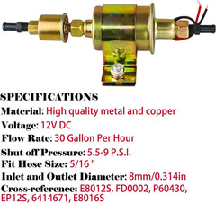 Universal Electric Fuel Pump 5-9 PSI 30GPH 12V DC E8012S Gasoline and Diesel Fue