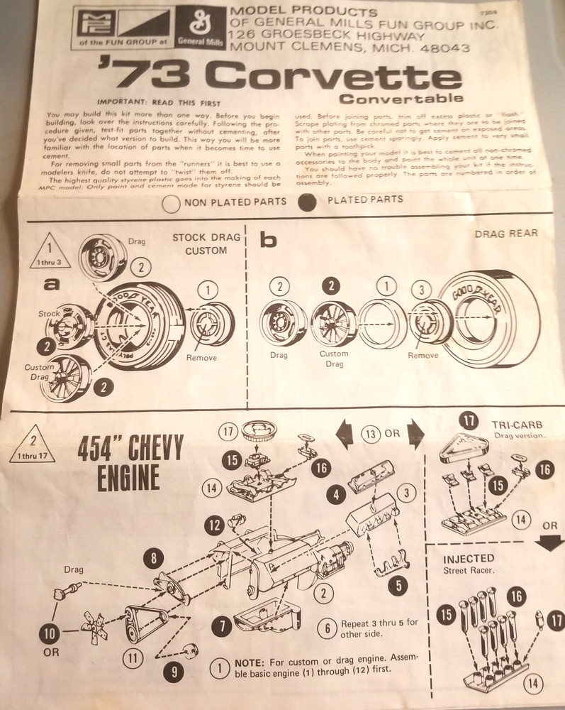 1973 Chevy Corvette Car – Original Model Products General Mills Instruction
