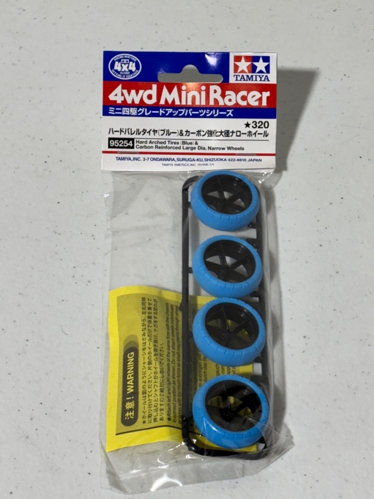 Tamiya 95254 1/32 Mini 4WD Racer Hard Arched Tires Blue Carbon Wheels NEW USA