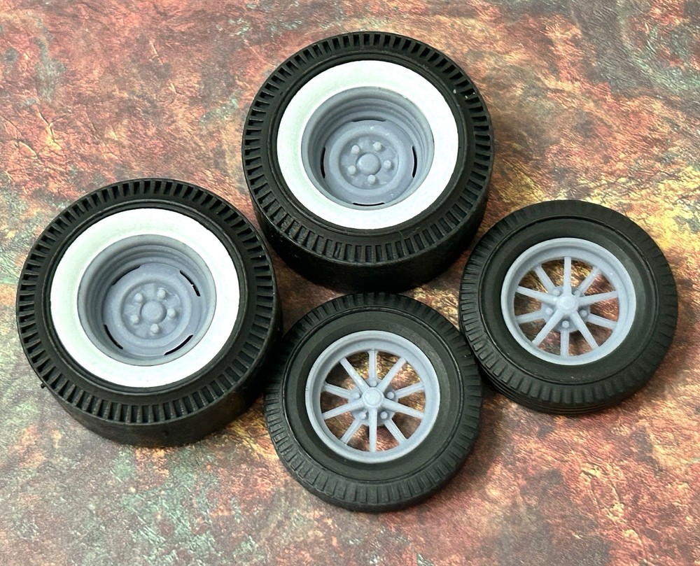 1/24 Scale: 15-inch Gasser “Steelie & ET” Wheels W/ Wide Piecrust Slicks, Resin