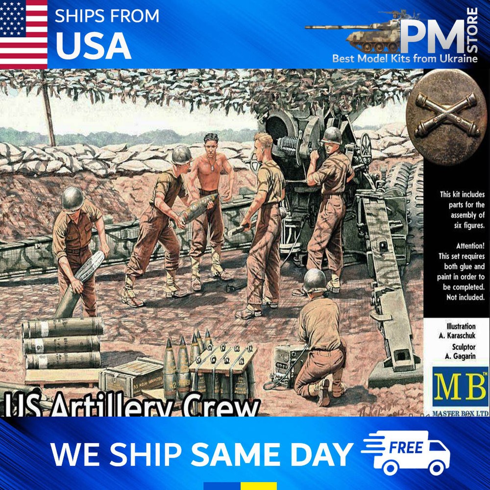 Master Box 3577 US Artillery Crew WWII Plastic Model Kit For Kids 1/35 scale