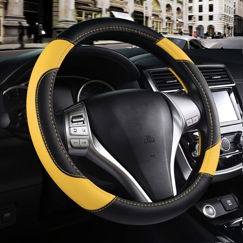 Leather Car Steering Wheel Cover, Non-Slip Car Wheel Cover Protector Breathable