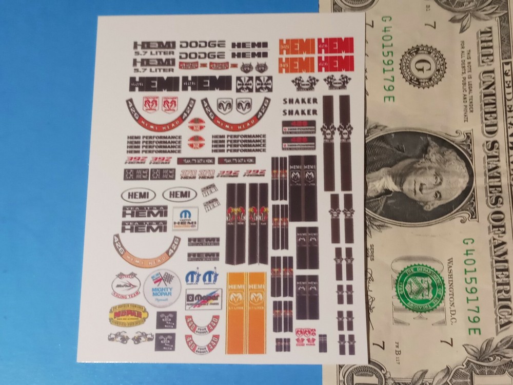 Cut & Peel Self Adhesive STICKERS 1:32 NASCAR MOPAR DODGE CHARGER HEMI POWER