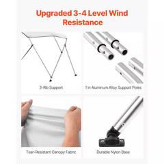 3 Bow Boat Bimini Tops, Durable 600 D Polyester Cover, Water-Resistant Sunshade