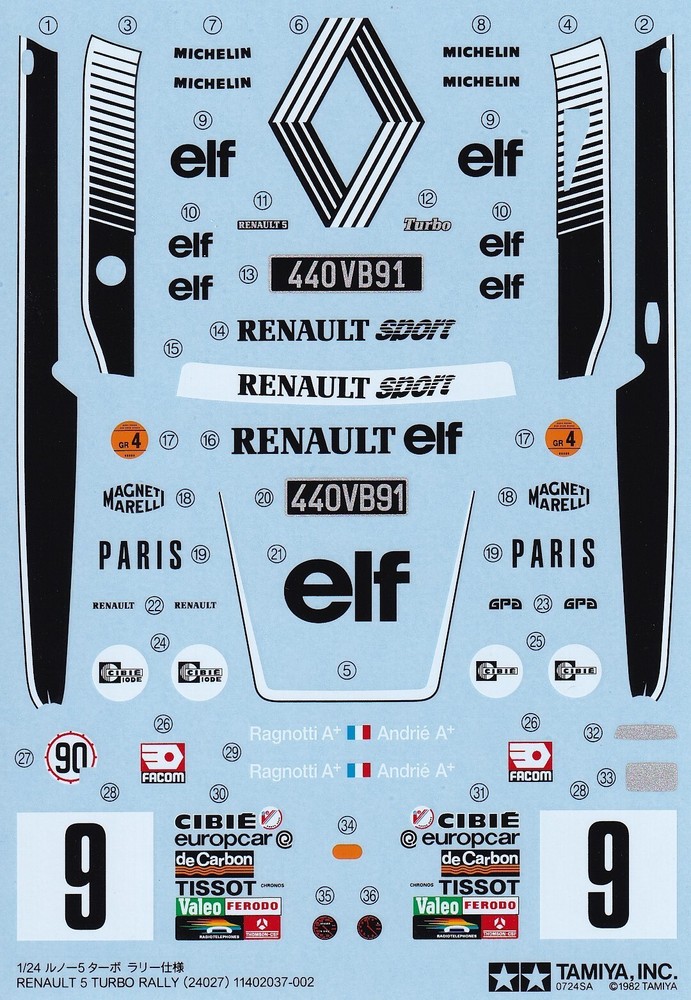 Tamiya’s Decals for 1/24 RENAULT 5 TURBO RALLY.Item24027 from Japan