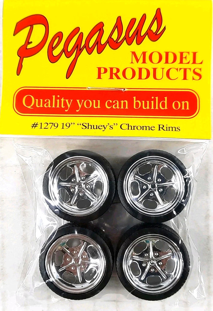 Pegasus 1279 Chrome 19 in. Shuey’s Wheels with Tires for model kit cars 1/24, 25