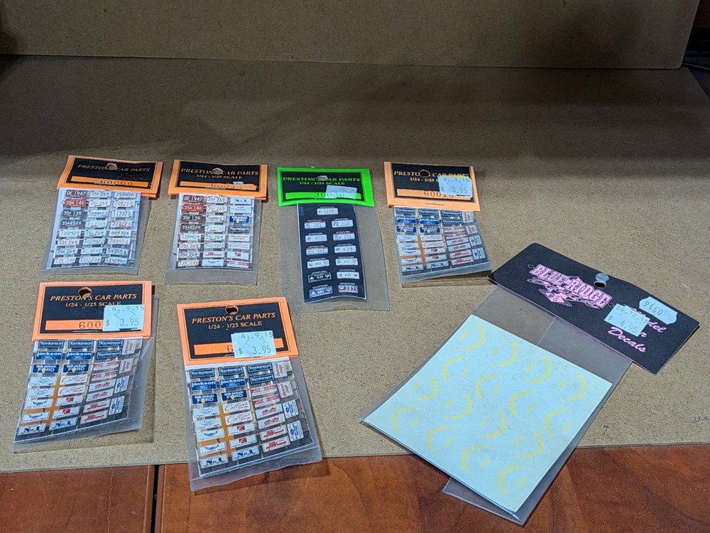 Prestons Car Parts – #11 – 1:24 Scale – Assorted License Plate/Tire Decals – NOS
