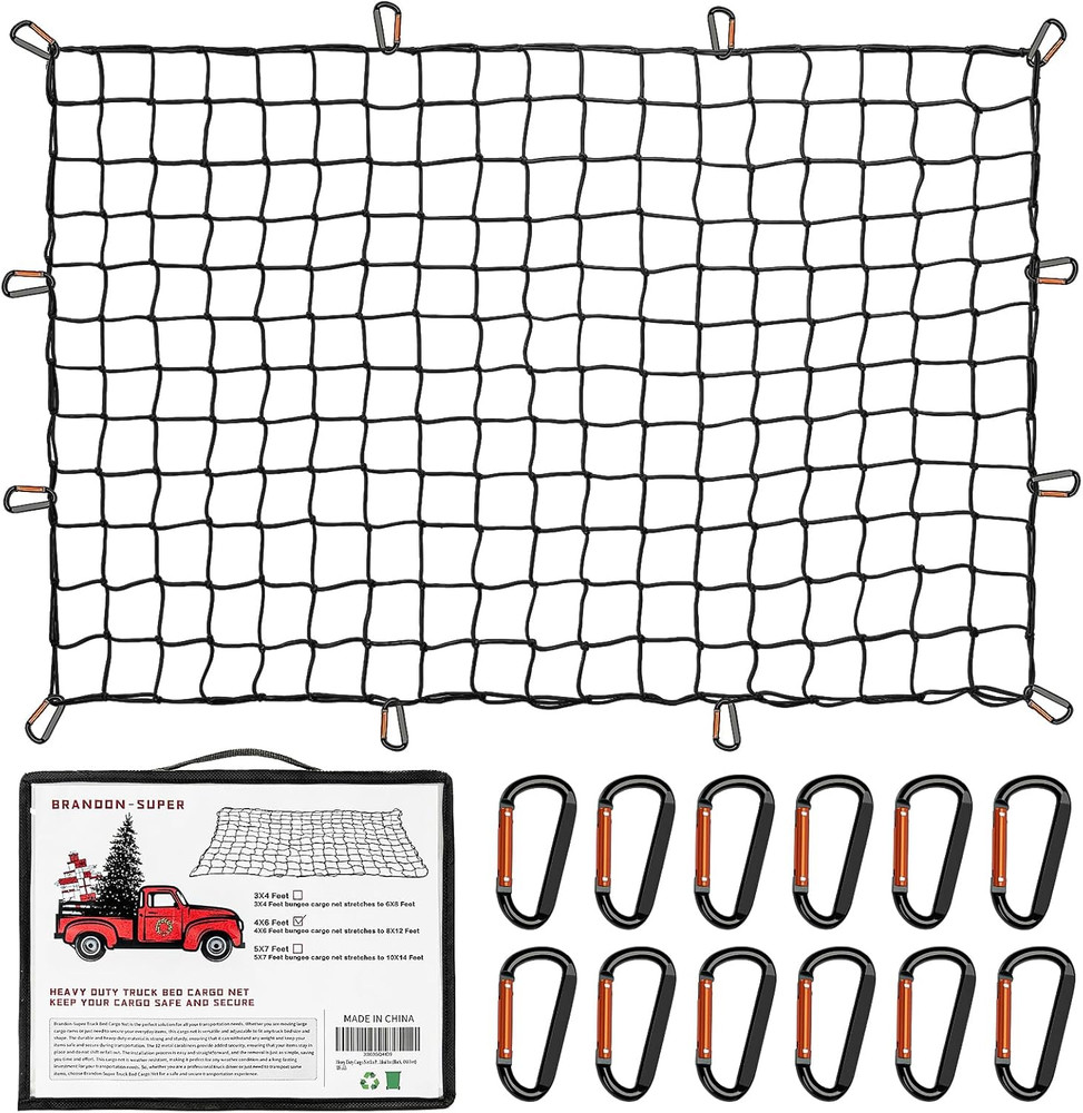 Heavy Duty Cargo Net for Pickup Truck Bed – Stretches from 5′ X 7′ to 15′ X 21′