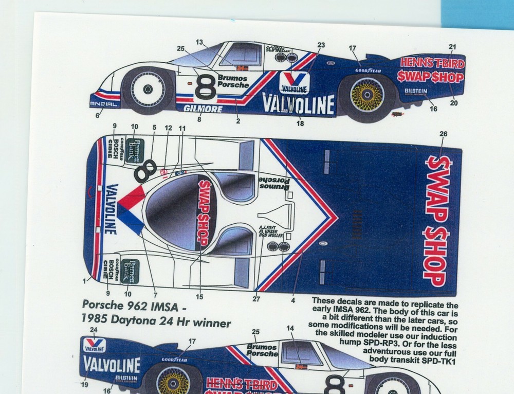 1/24 Porsche 962 Valvoline 1985 Daytona winner decal/Tamiya/ Le Mans