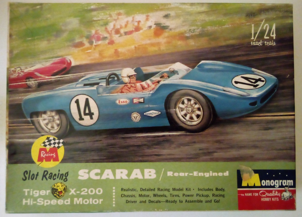 VTG MONOGRAM 1/24 SLOT CAR SCARAB RACING F1 FORMULA 1 W/BOX + EXTRA BODIES at