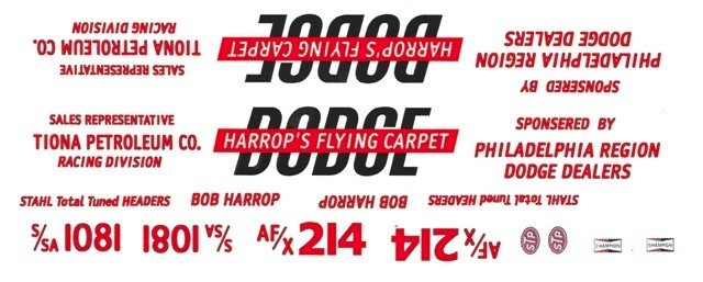 HARROP’S FLYING CARPET Dodge 1964-66 Drag 1/25th – 1/24th Scale Decals