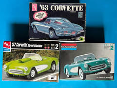 LOT OF 3 1957 CHEVY CORVETTE MODEL KITS 2 AMT ERTL 1/25 SCALE 1 MONOGRAM 63 TOO!