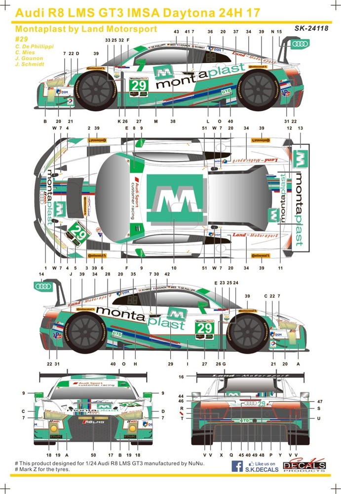 SK Decal 1/24 Audi R8 LMS GT3 Daytona 24h 2017 No.29 Full Decal for PLATZ 10108