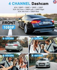 Dash Cam 4 Channel 360° Front Rear Inside DashCam, 4K Full HD Dashcam Car