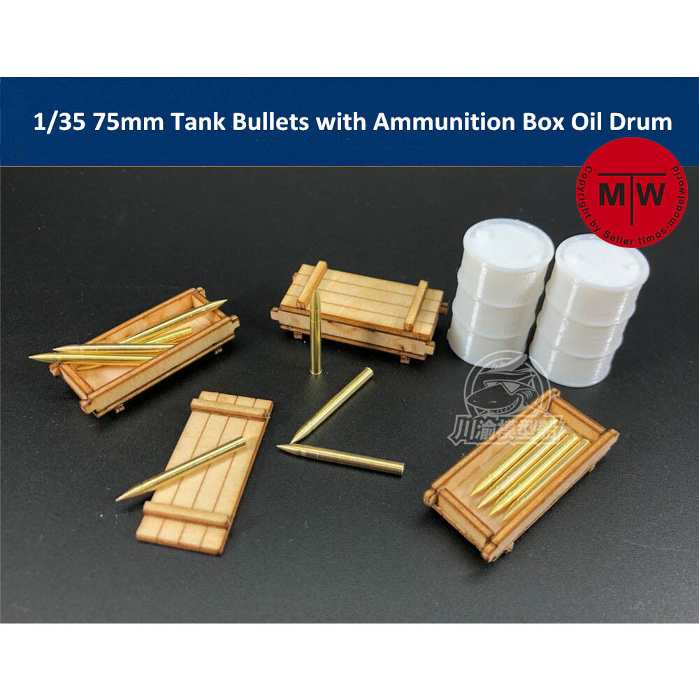 1/35 Scale 75mm Tank Bullets Metal Model with Ammunition Box Oil Drum