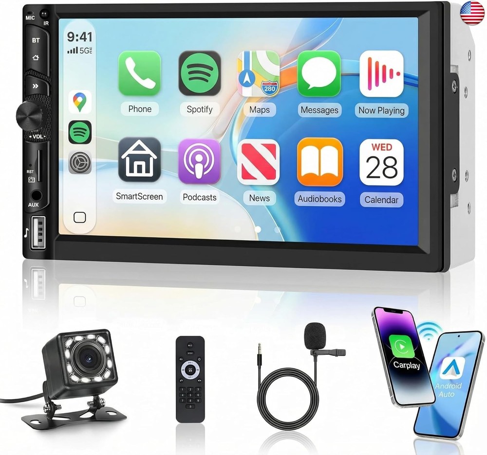 7 Inch Double Din Car Radio, Wireless/Wired CarPlay Android Auto, HD IPS