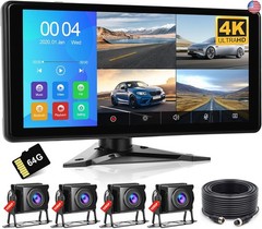 Roinvou 4K RV Backup Camera System, 10.36” Touchscreen DVR Quad Split Monitor