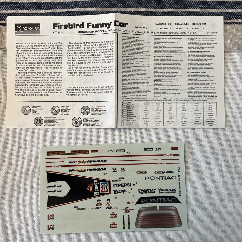 Monogram 1/24 Don Prudhomme’s Pepsi Firebird Funny Car Decal & Instru Only#2711
