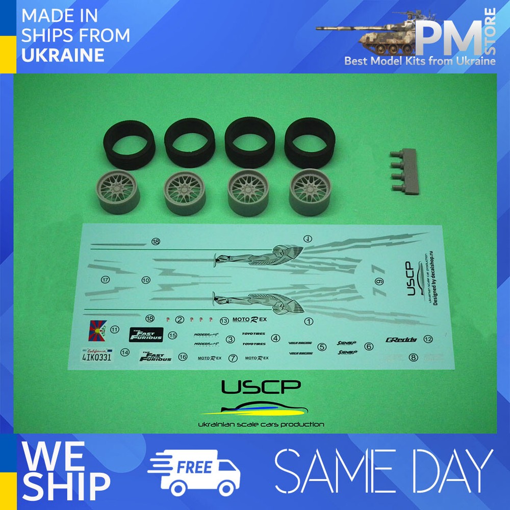 USCP 24T022 1/24 Nissan Skyline GTR R33 F&F Wheels and decal Resin kit
