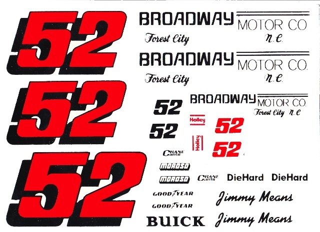 #52 Jimmy Means Broadway Motor Co.1/24th Scale Nascar Waterslide Decals