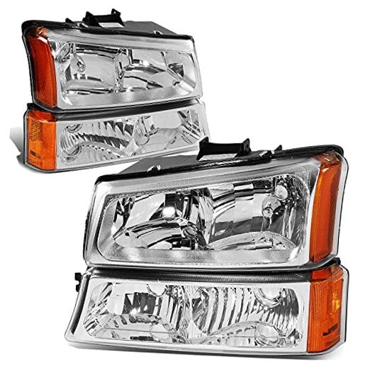 Pair Headlight Assembly Compatible with 2003-2006 Chevy Chrome / Amber