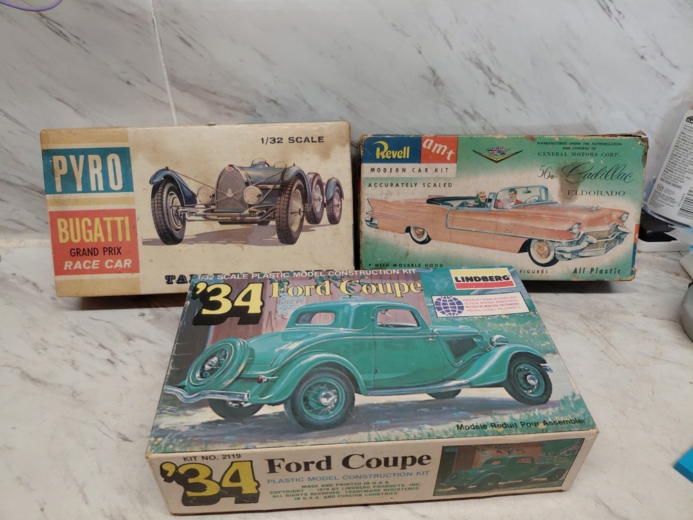 3 Vintage Model Kits ,Pyro Revell,Lindberg, 56 Caddy,34 Ford Coup,bugatti